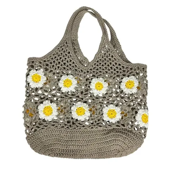 Summer Casual Woven Floral Daisy Brown Crochet Top Handle Beach Bag - Picture 2 of 4